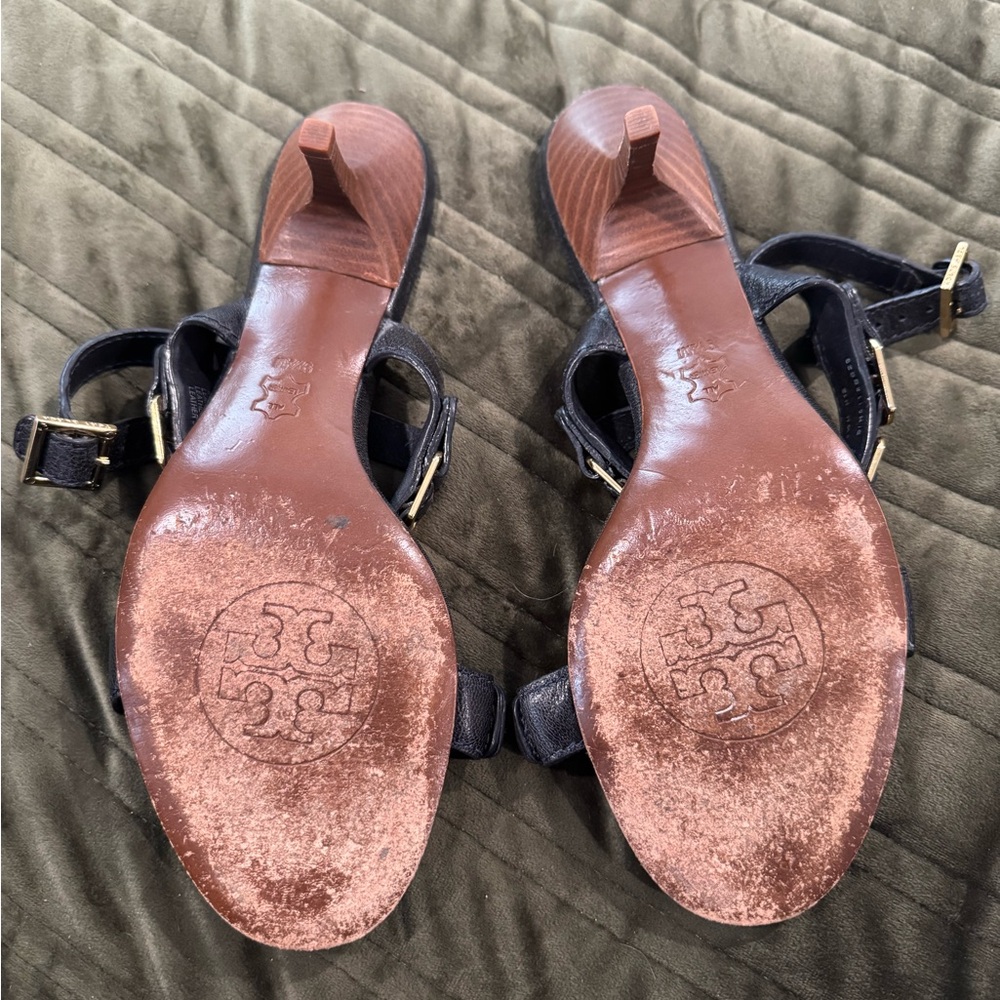 Tory Burch Black and Gold Leather Sandals - Picture 5 of 9